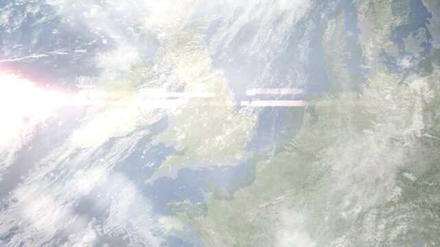 Earth zoom in from space and focus on Corby, England, East Midlands, Great Britain. Background for travel intro or blog. Satellite view. 3D style Animation. Images from NASA.