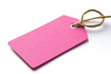 Pink gift tag with jute twine isolated on white background
