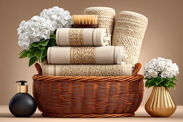 Clean rolled towels in wicker basket high resolution photo