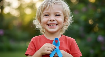 A smiling boy holds a blue awareness ribbon, showing support and hope.