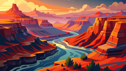In Grand Canyon National Park, vibrant layers of red rock stretch across the horizon, with morning fog lingering inside the massive canyon, casting shadows over the winding Colorado River.