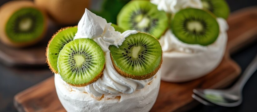 Close up of pavlova desserts topped with whipped cream and kiwi slices on a wooden board surface - Powered by Adobe