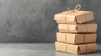 Stack of wrapped packages on a concrete surface.