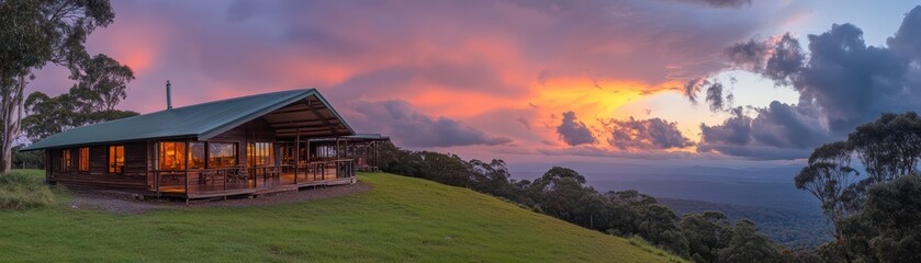 Stunning cabin against colorful sunset sky.