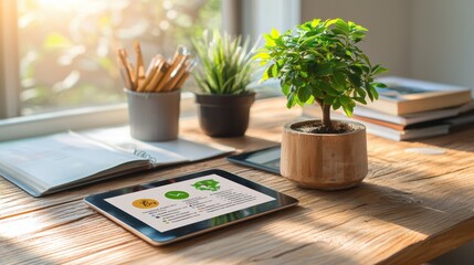Stylish workspace with plants and digital device.