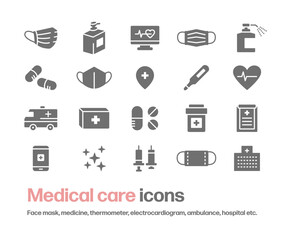 医療や健康のアイコンセット。フェイスマスク,薬,病院,救急車,消毒などのシンプルなシルエットイラスト