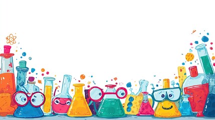 Obraz premium Colorful cartoon beakers and flasks filled with vibrant liquids, bubbling and playfully interacting. A whimsical illustration perfect for science education or playful designs