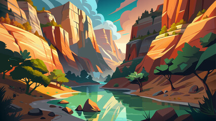 The emerald pools and rust-colored cliffs of Zion National Park reflect softly in early light, as hikers cross narrow canyons carved by time and water.