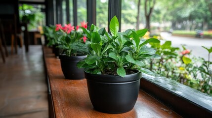Vibrant green plants in pots by a window.