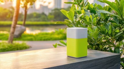 Vibrant speaker in a lush outdoor setting.