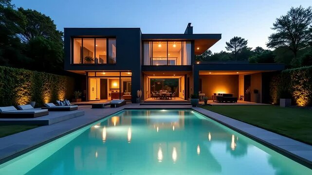 Modern house shimmers beside a gleaming pool at dusk with luxury lounge chairs and vibrant foliage around property.