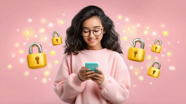 A young woman smiling while using her smartphone, surrounded by digital padlocks, representing online security and safety