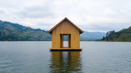 Wooden house on tranquil water landscape.