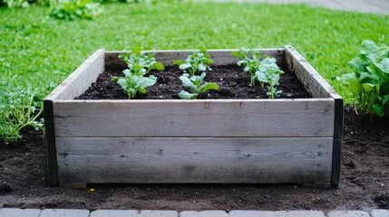 Wooden garden bed with growing vegetables.