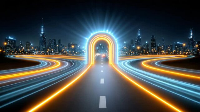 An illuminated road leading into a futuristic tunnel with vibrant light trails and a bustling city skyline in the background, representing speed, technology, and urban life.