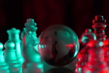 Crystal planet Earth amidst chess pieces showing the American continent, representing concepts of geopolitics, global power, competition for control, international relations, world leaders, struggle f