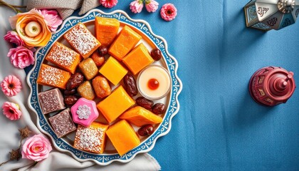 Festive Middle Eastern Sweets and Treats Displayed with Decorative Lanterns