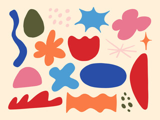 Hand Drawn Abstract Freeform Collection. A collection of 16 hand drawn abstract elements including blobs bursts waves dots and floral forms in playful colorful shapes. Perfect for decorative designs