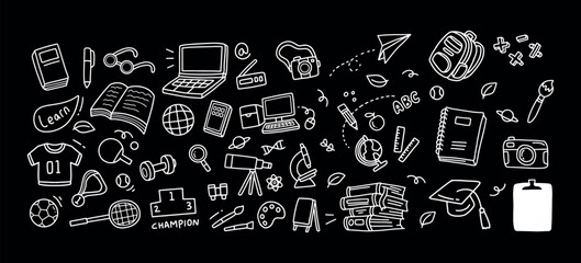 Back to school and education doodle elements in black background