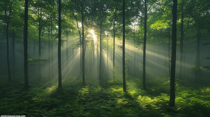 Obraz premium Sunlight streams through misty forest canopy. Lush green foliage, ferns, and tall trees create a tranquil, ethereal atmosphere