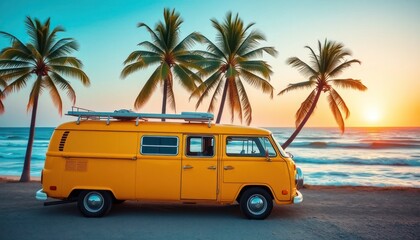 Retro yellow van on a tropical beach at sunset providing vacation vibes