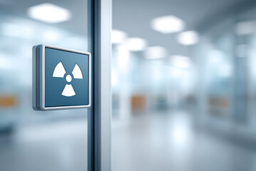 A radiation warning sign displayed on a glass door in a clean, modern, and brightly lit medical or research facility hallway.