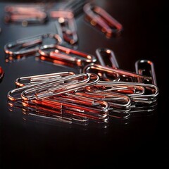 Clips metálicos reflejados en vidrio negro