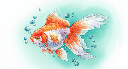 Naklejka premium Goldfish swimming in turquoise water with bubbles