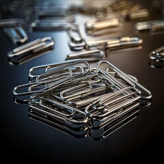 Clips metálicos reflejados en vidrio negro