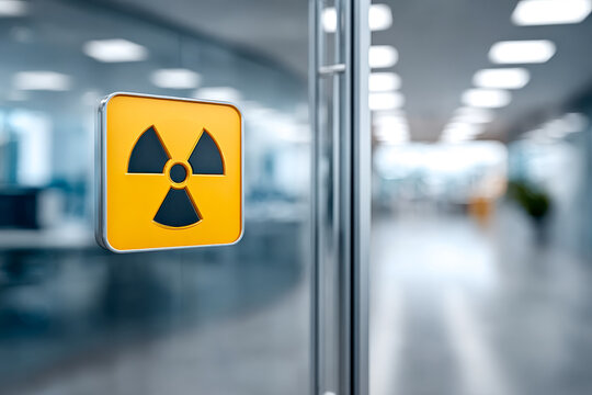 A yellow radiation hazard sign is displayed on a glass door in a modern, blurred indoor office or laboratory setting.