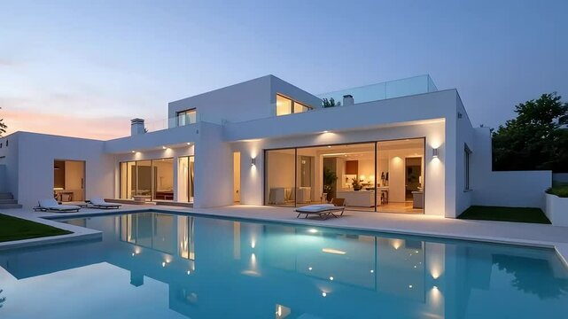 Modern home showcasing stunning architecture and a luxurious swimming pool at twilight