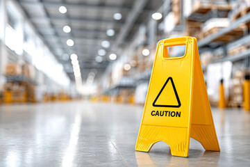 A yellow caution sign stands on a clean warehouse floor with blurred shelves and industrial lighting in the background.
