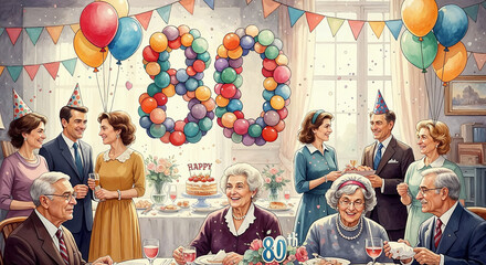 Family celebrating woman's 80th birthday with balloons and cake