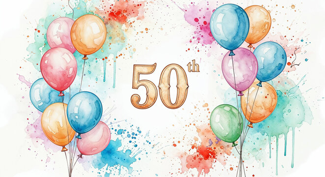 Colorful balloons celebrating 50th anniversary or birthday with watercolor splashes