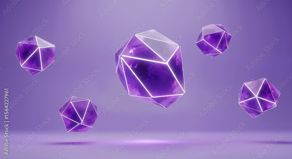Poster purple abstract polygonal shapes with glowing edges floating on purple background