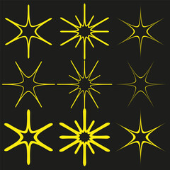 Bright yellow stars. Cartoon explosion shapes. Black background. Vector illustration.