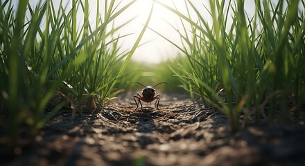 A large, stone turtle sculpture rests on a rocky surface, bathed in sunlight.