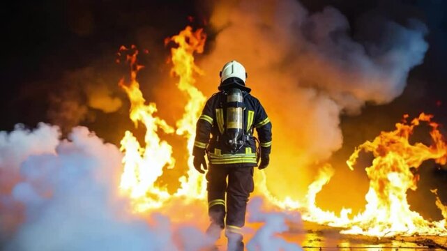 A dramatic cinematic shot of a firefighter walking into a massive blazing fire, back facing the camera, surrounded by intense flames and smoke, showcasing courage and bravery in action