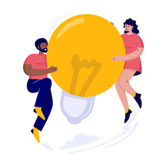 Team collaboration holding big light bulb symbolizing creative ideas teamwork vector illustration