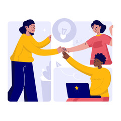 Women online teamwork with put their hands together vector illustration