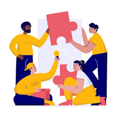 Group of people collaborating by putting puzzle pieces together for teamwork, solution building, and creative collaboration concept flat vector illustration