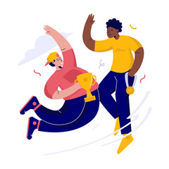 Successful team celebrating with a trophy and medal vector illustration