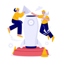 Teamwork collaboration for maintaining a rocket for business innovation vector illustration