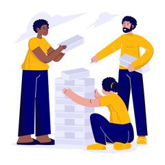 Group of people in team building activity by stacking blocks together vector illustration