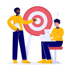 Two business colleagues working together to achieve a target goal flat vector illustration