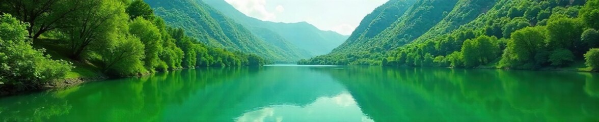 Obraz premium Tranquil Green Lake Reflecting Lush Vegetation Serene Landscape Photography