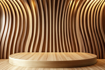 Circular wooden platform before wavy wood paneling
