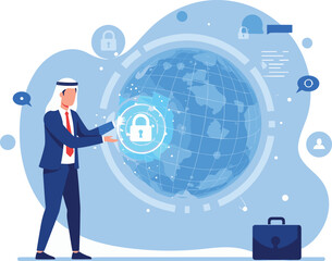 Middle Eastern Businessman Activating Global Cybersecurity Network System Vector Illustration