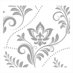 Elegant grey floral scrollwork pattern with swirling leaves on a white background