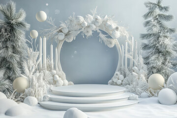 Winter wonderland scene with white podium